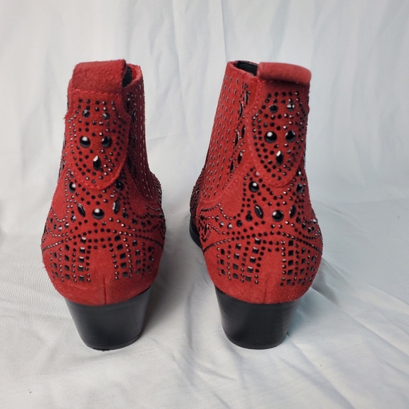 Bibi Lou Red Suede Rhinestone Western Ankle Boots in EU Size 38, US 7.5. - Picture 4 of 13
